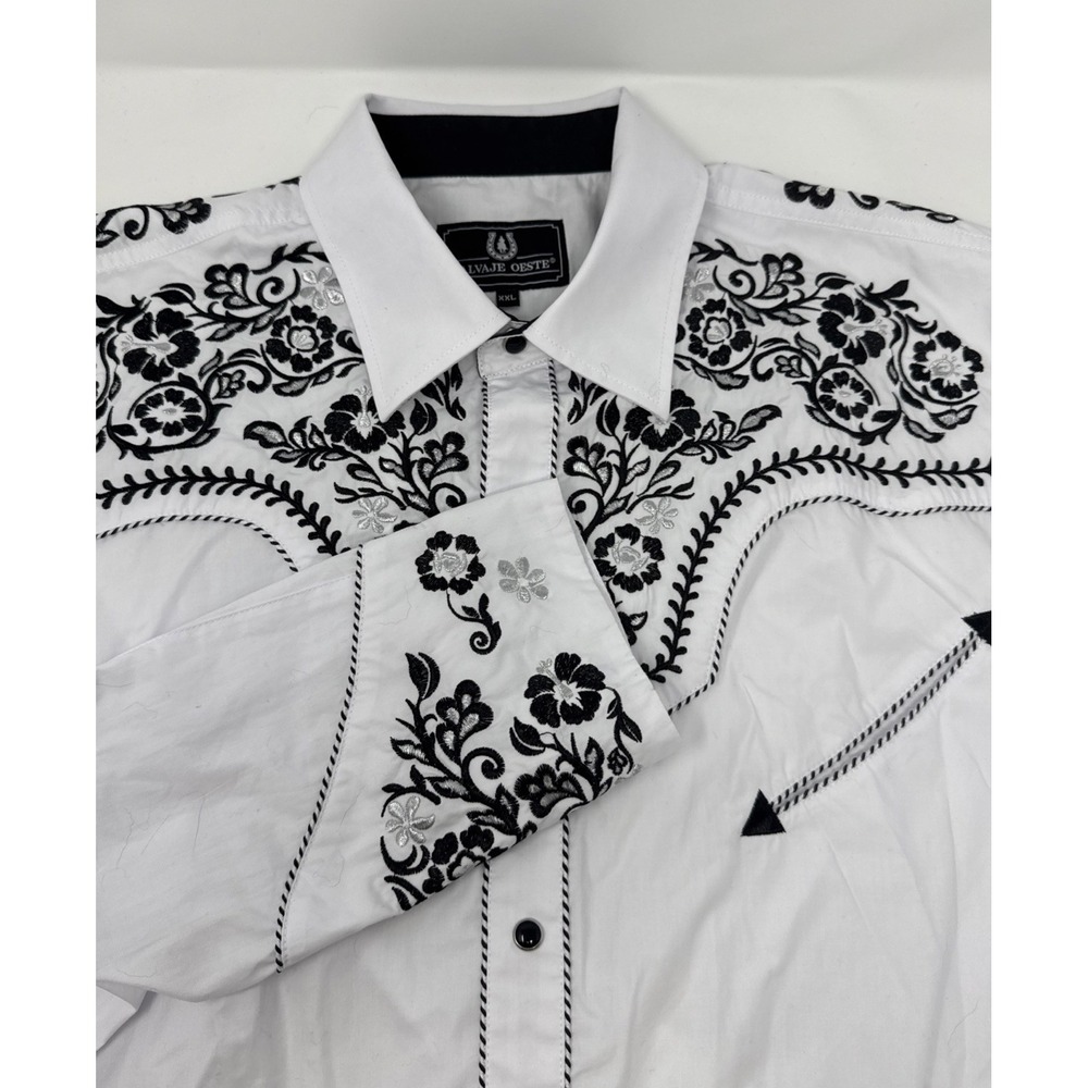 Salvaje Oeste Western Shirt Mens XXL White Black Floral Embroidered Snap Front